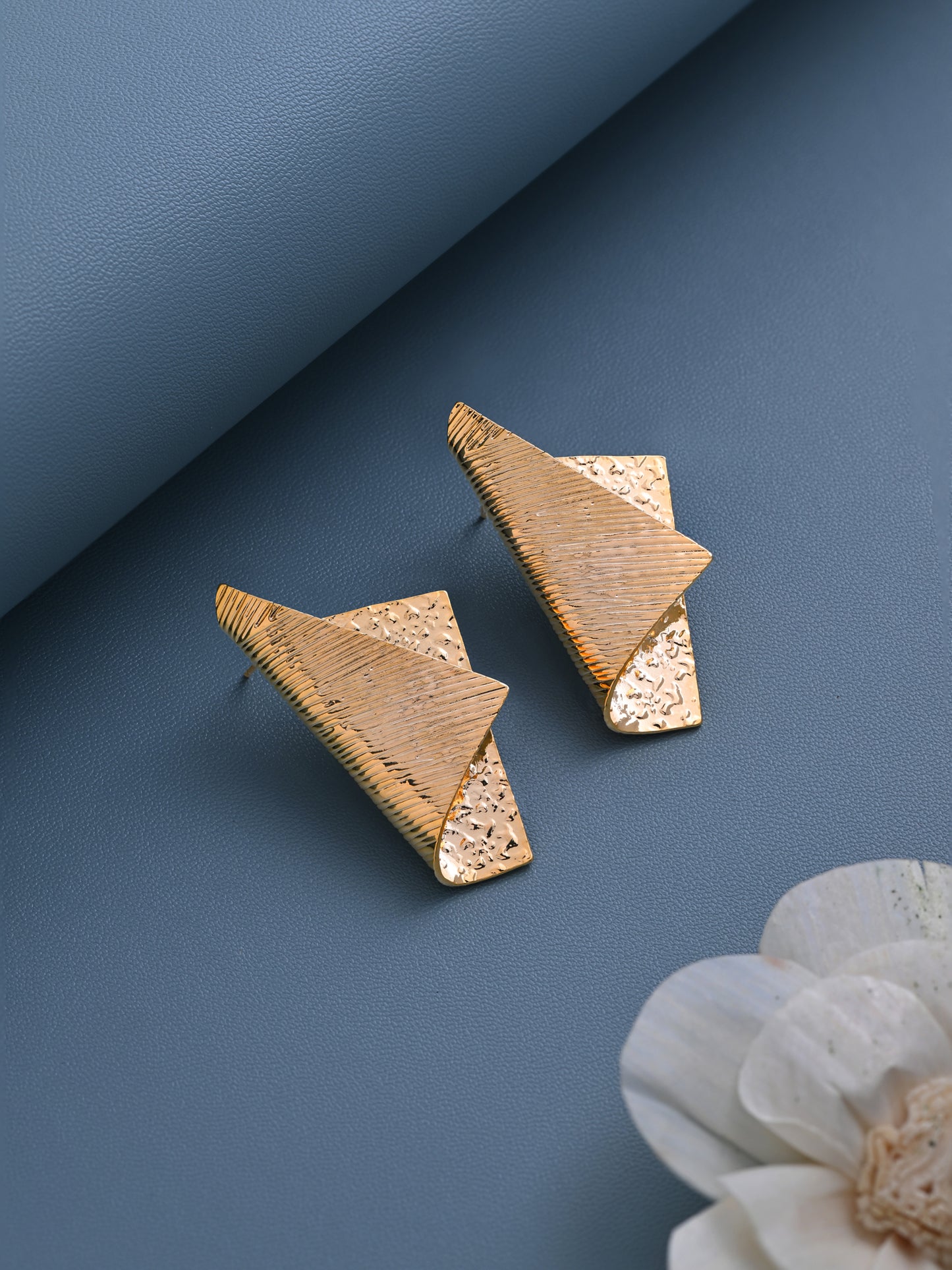 Krrystafee 18K Gold Plated Textured Folded Sheet Geometric Earrings for Women | Modern Daily Wear
