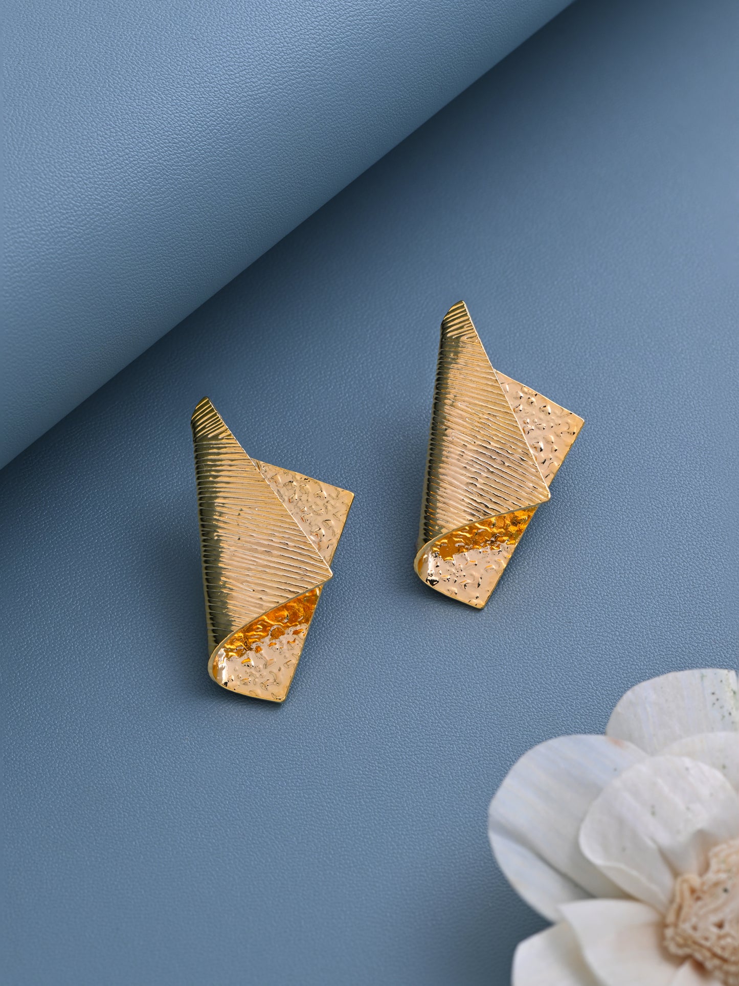 Krrystafee 18K Gold Plated Textured Folded Sheet Geometric Earrings for Women | Modern Daily Wear
