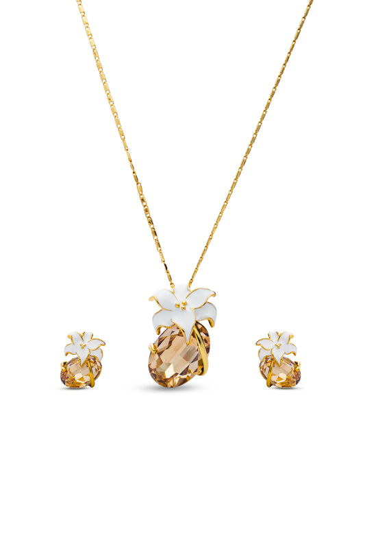 Champagne Crystal Wrapped In White Flower Pendent Set