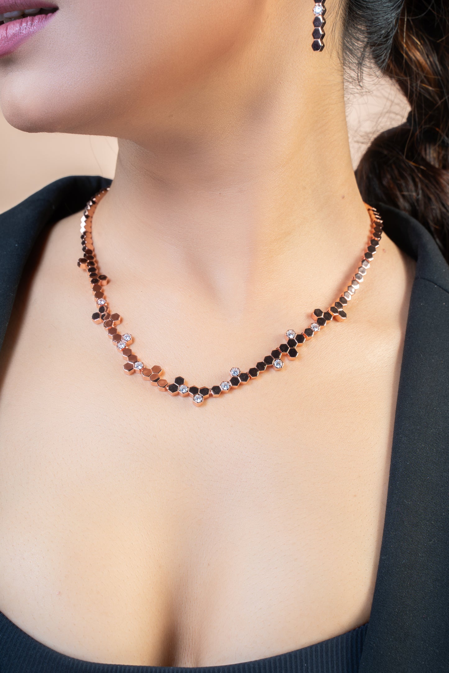 Hexa Charm Flexible Necklace Set - Rose Gold