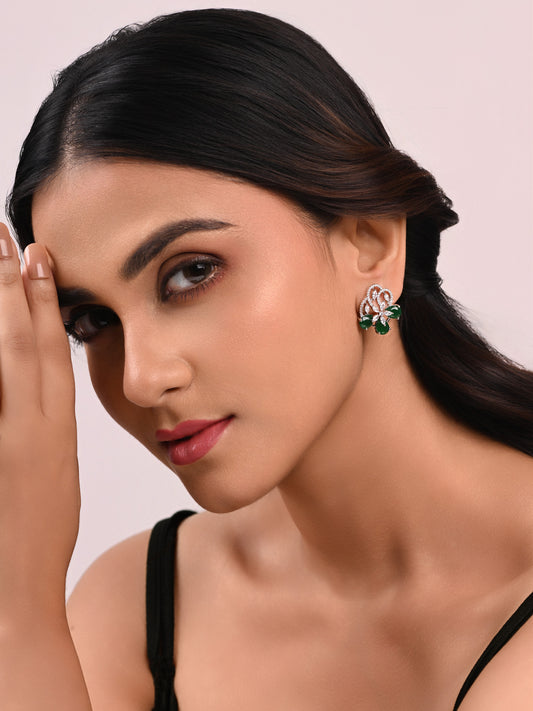 Krrystafee 18K Gold Plated Entangled Emerald CZ Stud Earrings In White Finish for Women | Daily Wear