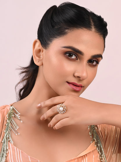 Pearl in Diamond Orbits Adjustable Ring