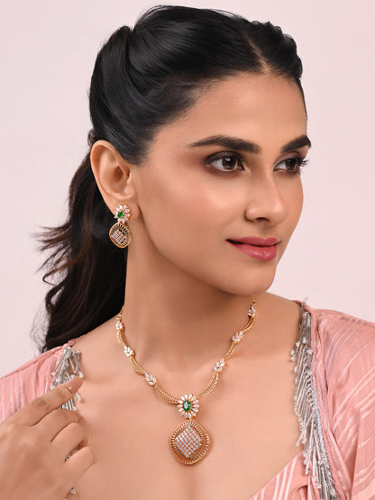 Linked Chain with Emerald & Diamond Pendent Set