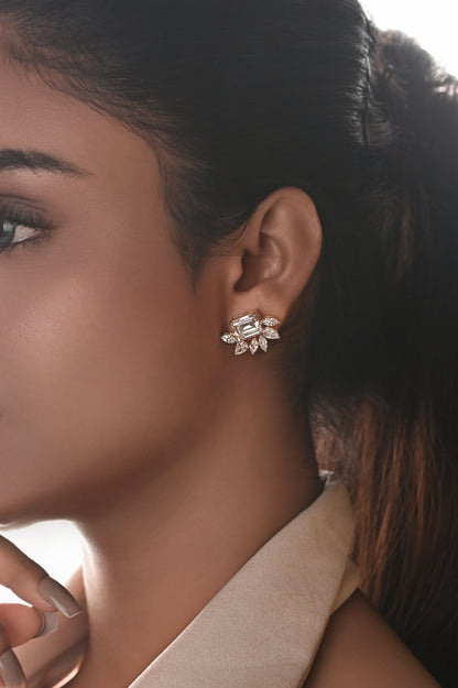 Emerald Cut Swarovski Crystal Stud with Floral Marquise Accent