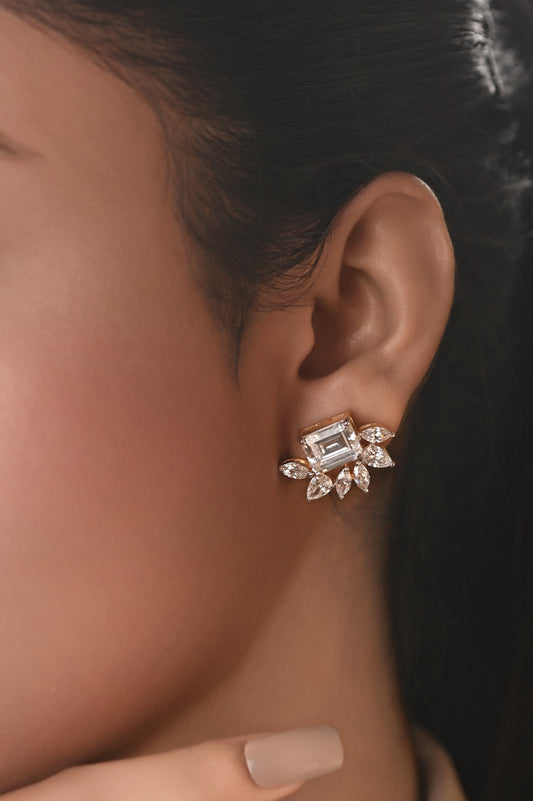 Emerald Cut Swarovski Crystal Stud with Floral Marquise Accent