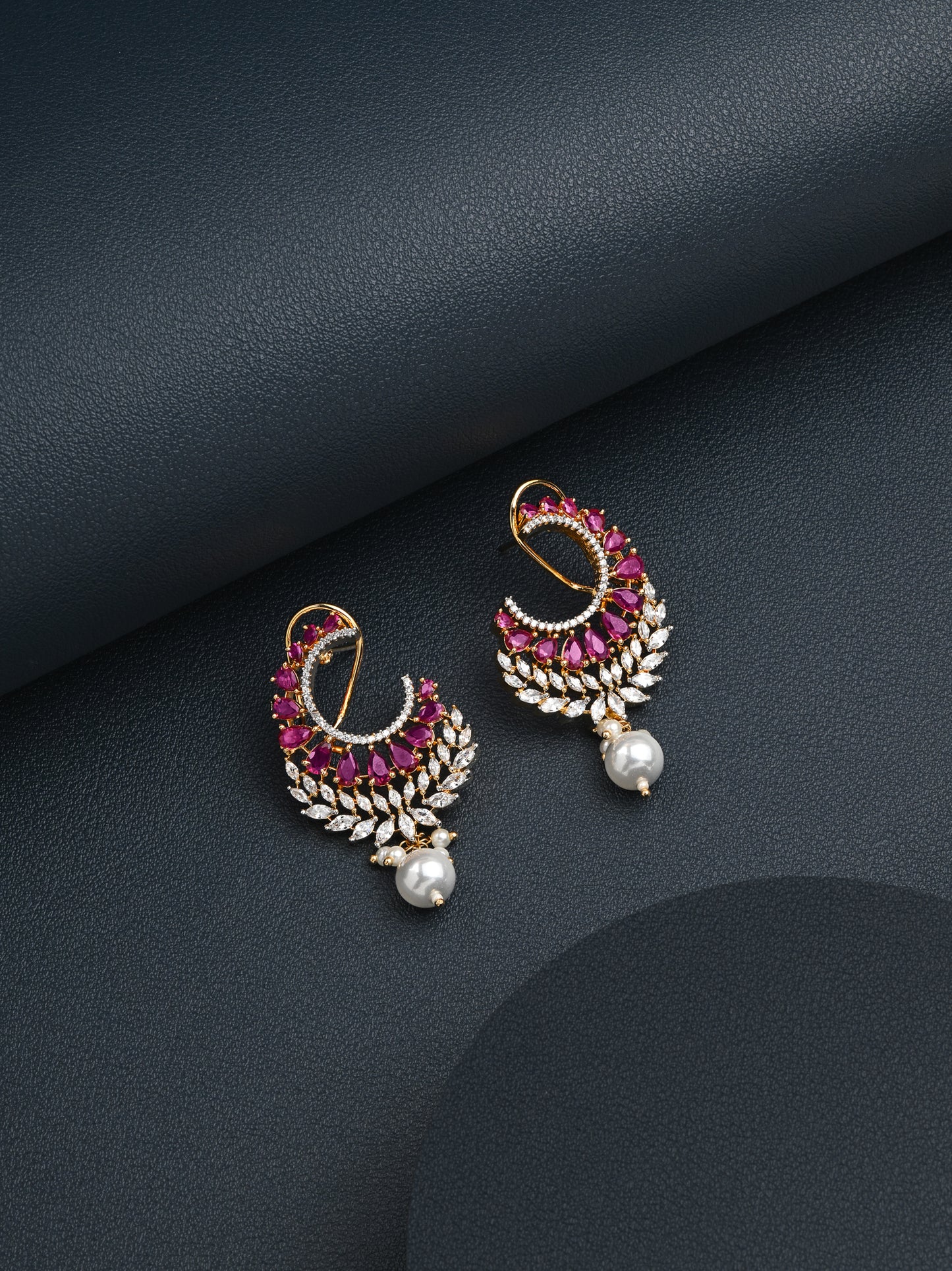 Krrystafee 18K Gold Plated Ruby Pearl CZ Stud Earrings for Women | Festive Bridal Wear