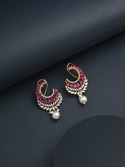 Krrystafee 18K Gold Plated Ruby Pearl CZ Stud Earrings for Women | Festive Bridal Wear