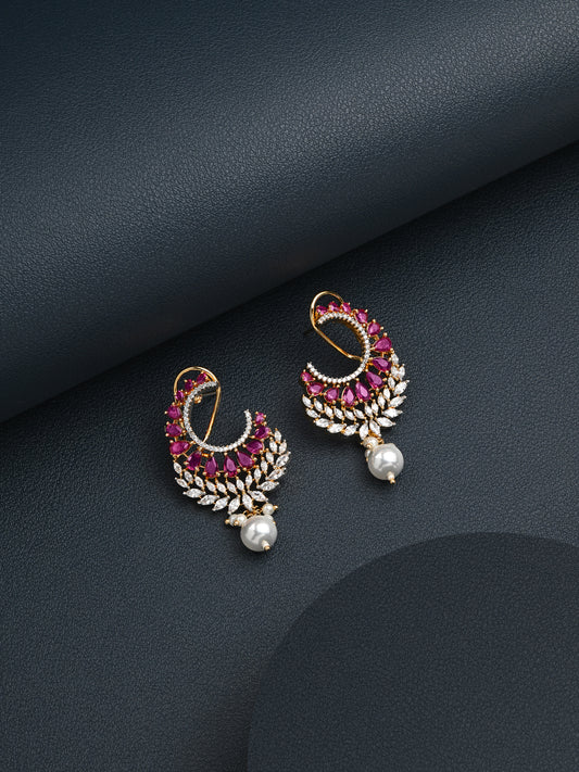 Krrystafee 18K Gold Plated Ruby Pearl CZ Stud Earrings for Women | Festive Bridal Wear
