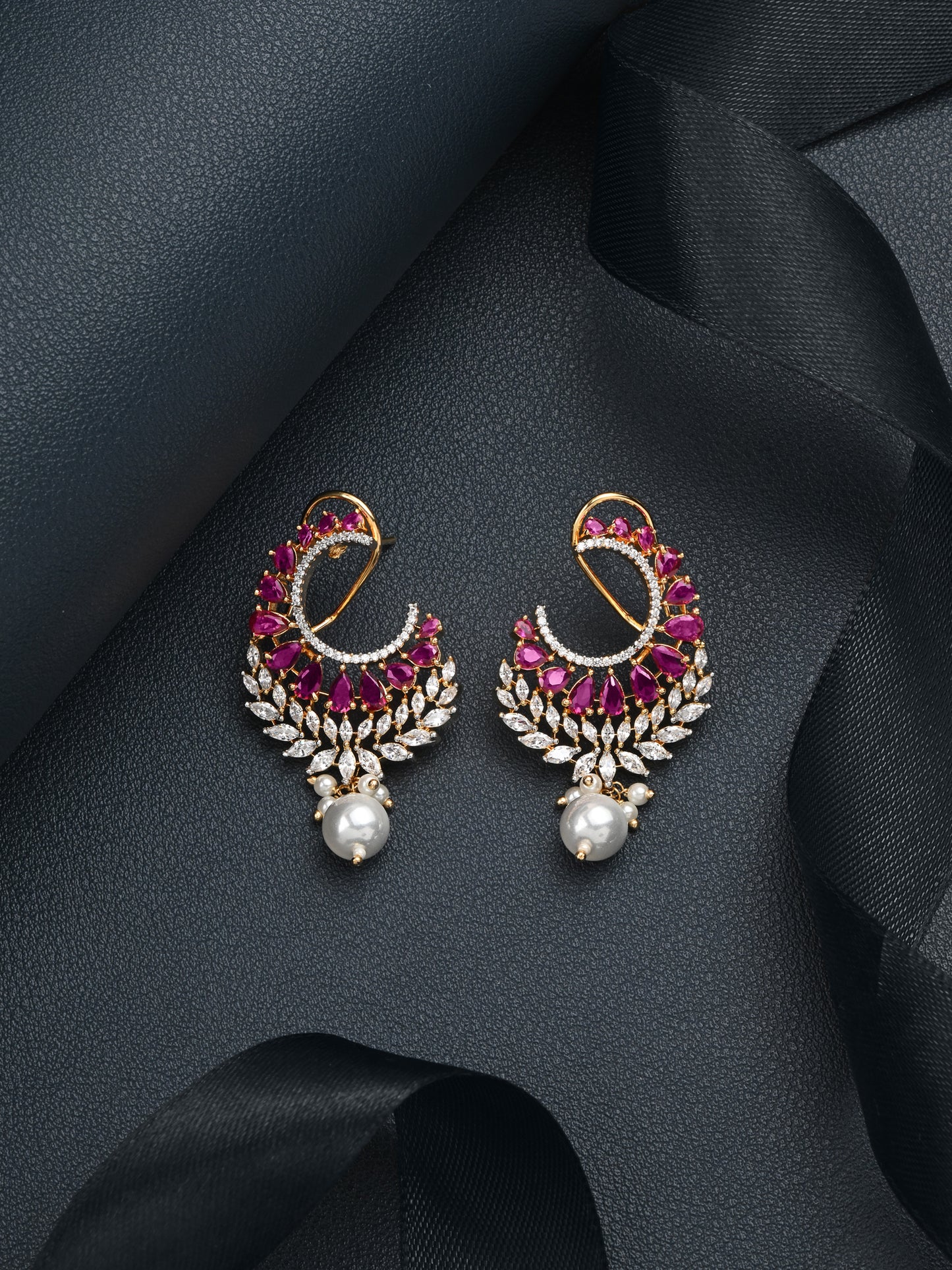 Krrystafee 18K Gold Plated Ruby Pearl CZ Stud Earrings for Women | Festive Bridal Wear