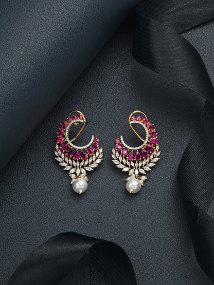 Krrystafee 18K Gold Plated Ruby Pearl CZ Stud Earrings for Women | Festive Bridal Wear