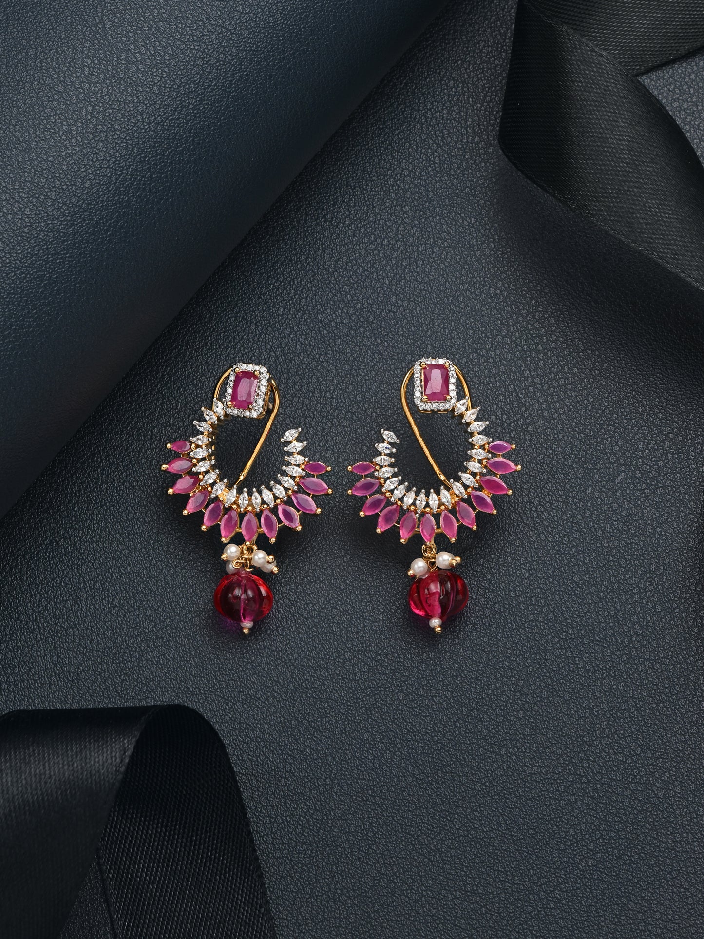 Krrystafee 18K Gold Plated Ruby Red CZ Stud Earrings for Women | Festive Party Wear
