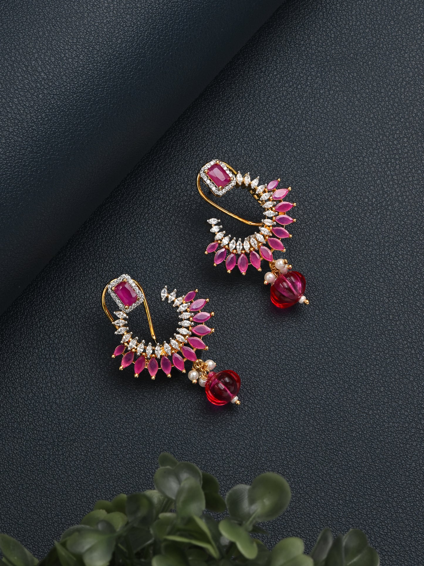 Krrystafee 18K Gold Plated Ruby Red CZ Stud Earrings for Women | Festive Party Wear