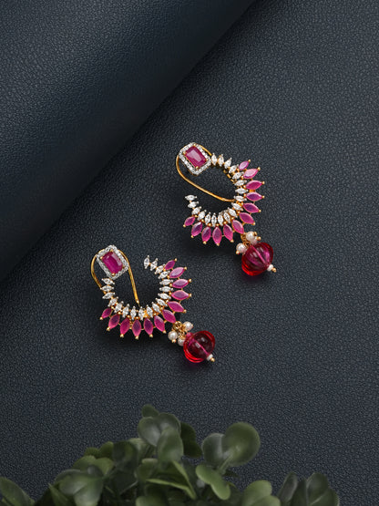 Krrystafee 18K Gold Plated Ruby Red CZ Stud Earrings for Women | Festive Party Wear