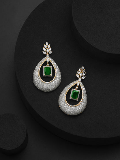 Krrystafee 18K Gold Plated Emerald Stone CZ Diamond Dangling Earrings for Women | Festive Wear