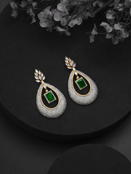 Krrystafee 18K Gold Plated Emerald Stone CZ Diamond Dangling Earrings for Women | Festive Wear