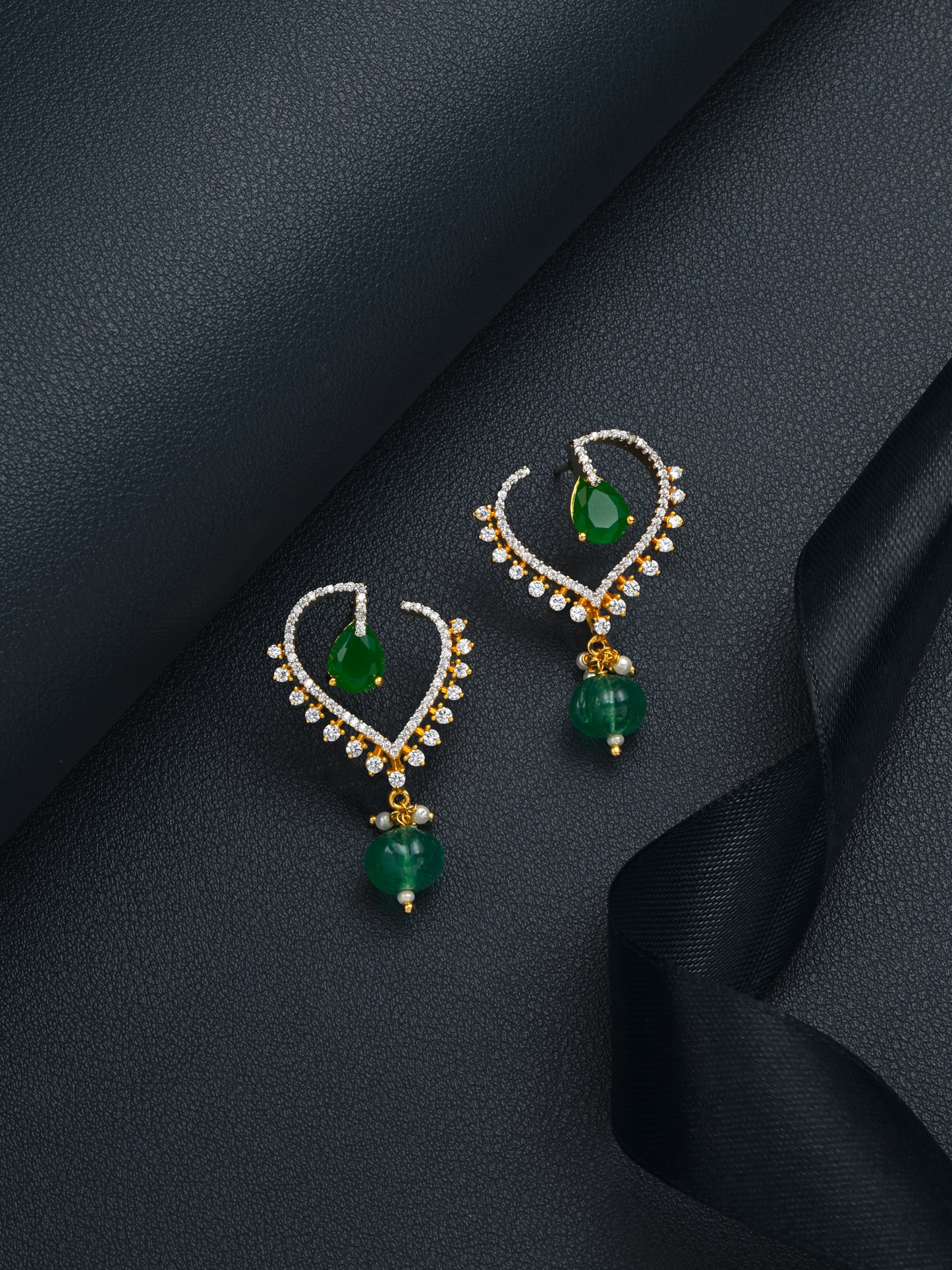 Krrystafee 18K Gold Plated Green CZ Dangler Earrings for Women | Festive Daily Wear