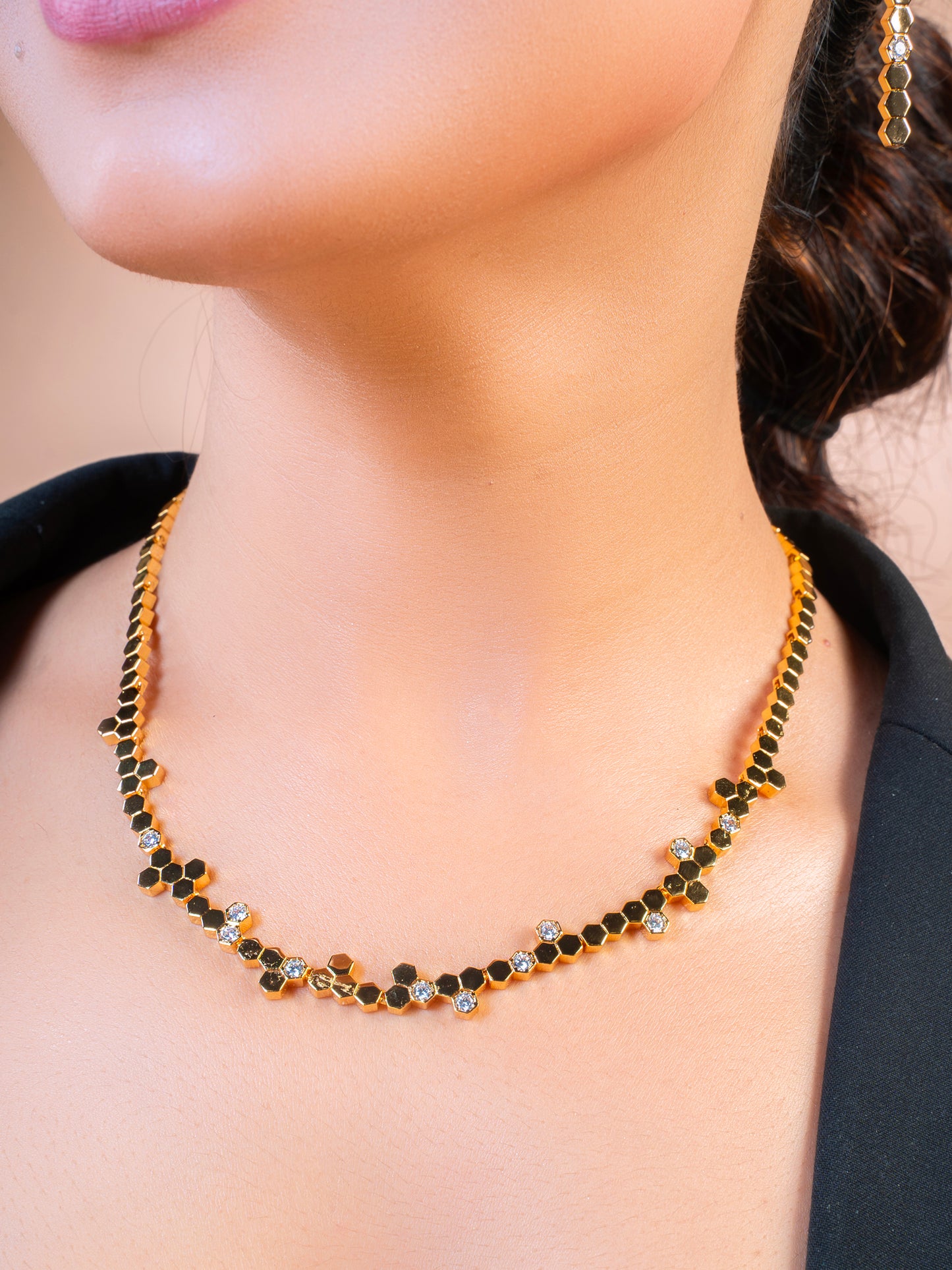 Hexa Charm Flexible Necklace Set - Gold