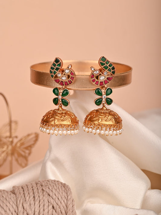 Krrystafee 18K Gold Plated Polki Uncut Stone Carved Jhumka Earrings for Women | Bridal Indian Jewellery