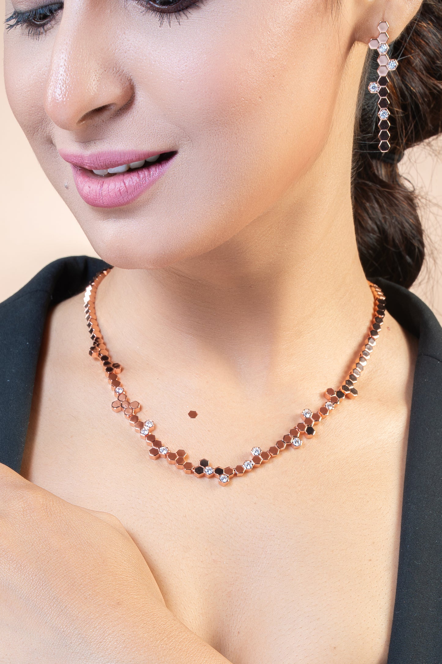 Hexa Charm Flexible Necklace Set - Rose Gold