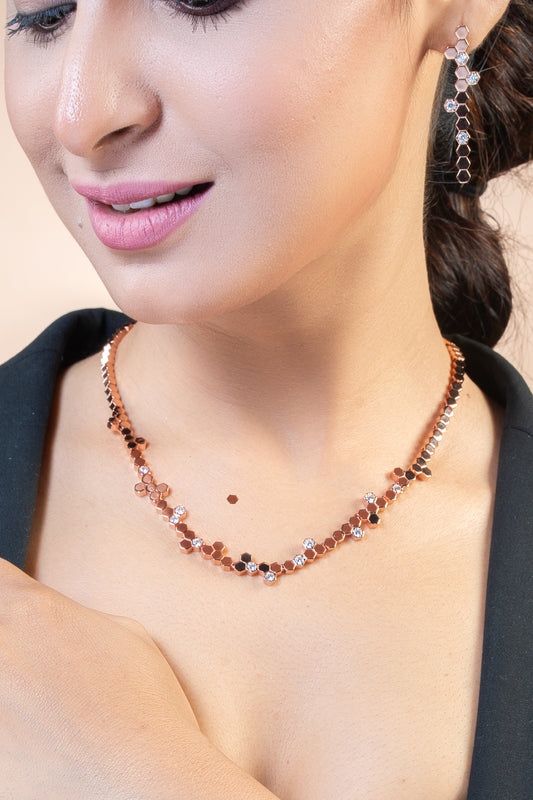 Hexa Charm Flexible Necklace Set - Rose Gold
