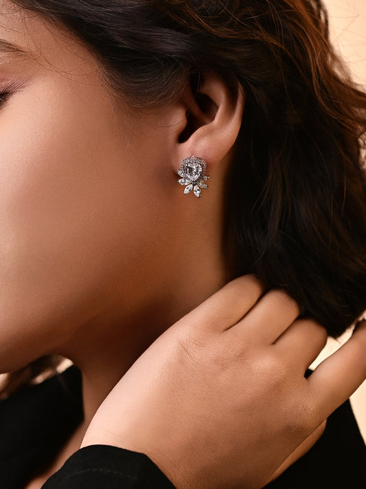 Heart Shape Swarovski Crystal Halo Stud with Accents (Rhodium Polish)