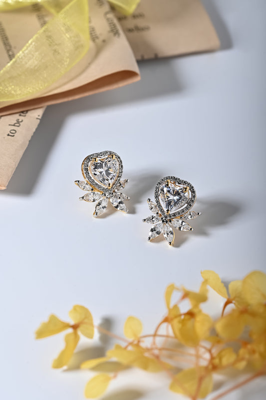 Heart Shape Halo Swarovski Crystal Stud With Accent (Gold Silver Polish)