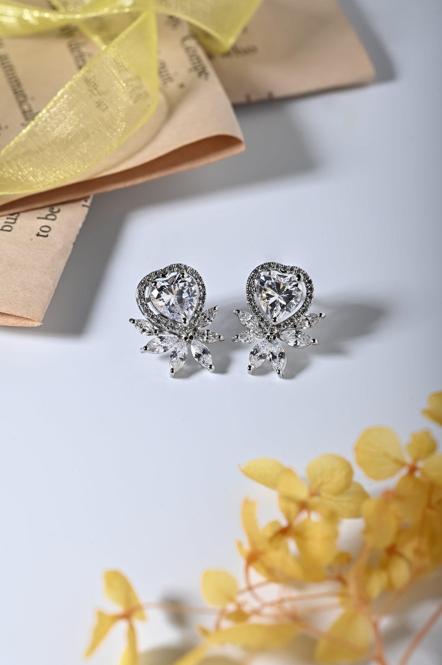 Heart Shape Swarovski Crystal Halo Stud with Accents (Rhodium Polish)