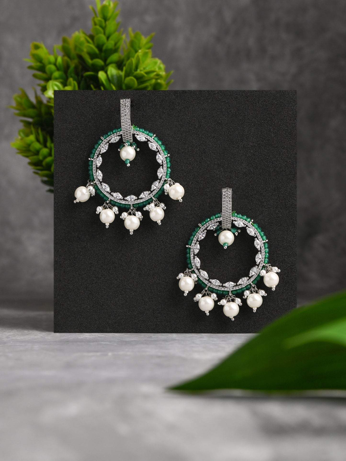 Diamond Earring with Green Bead & Dangling Pearls
