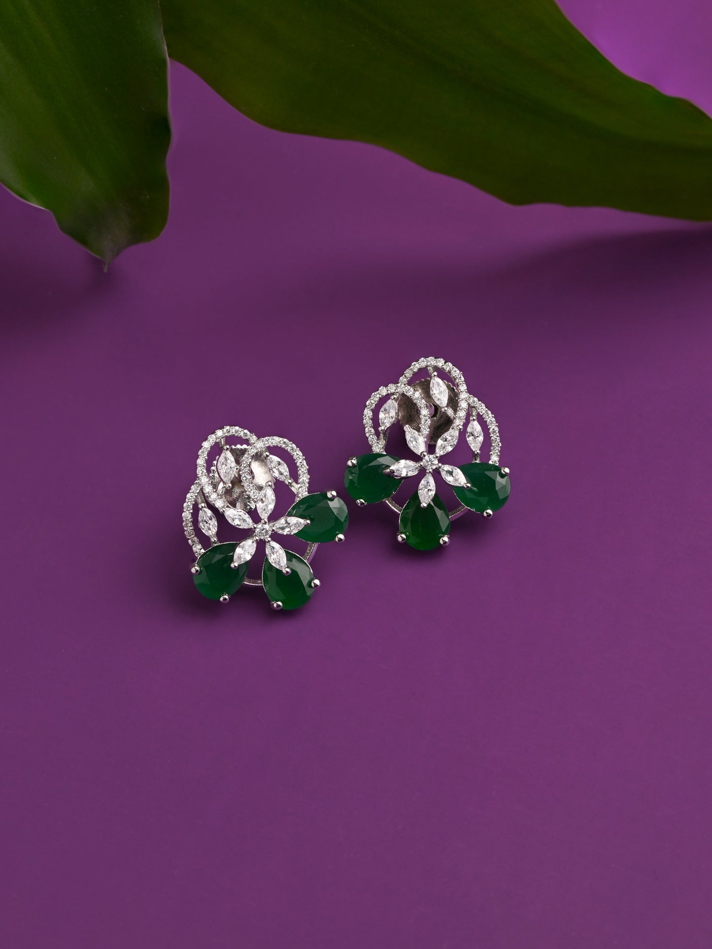 Krrystafee 18K Gold Plated Entangled Emerald CZ Stud Earrings In White Finish for Women | Daily Wear