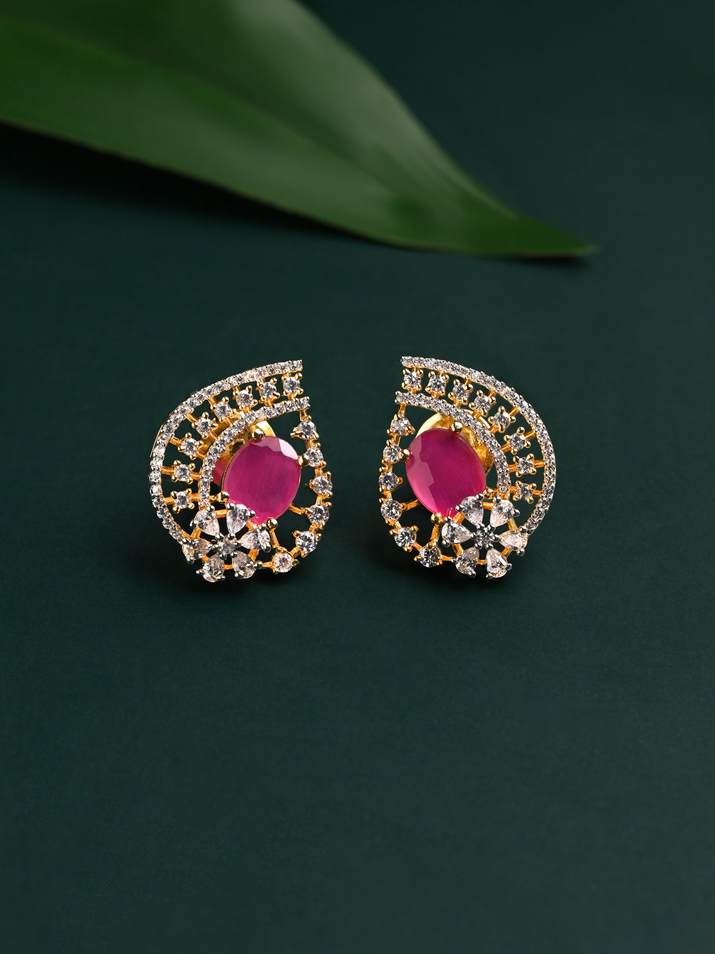 Ruby Studs with Diamonds in a leaf Earrings