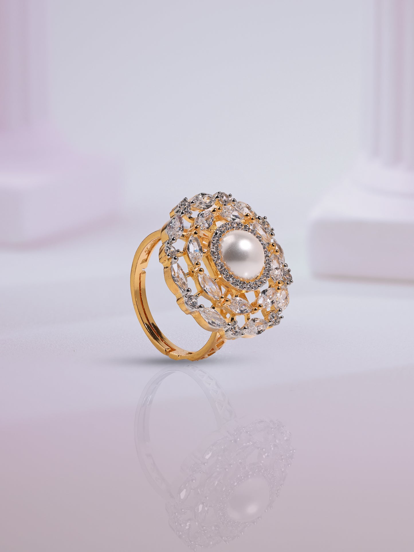 Pearl in Diamond Orbits Adjustable Ring