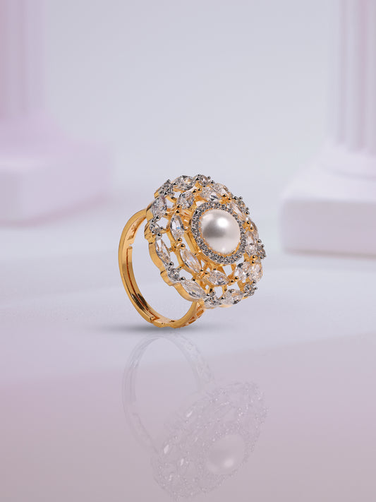 Pearl in Diamond Orbits Adjustable Ring