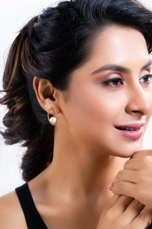 Krrystafee 18K Gold Plated Pearl Oval Loop Earrings for Women | Minimalist Daily Wear