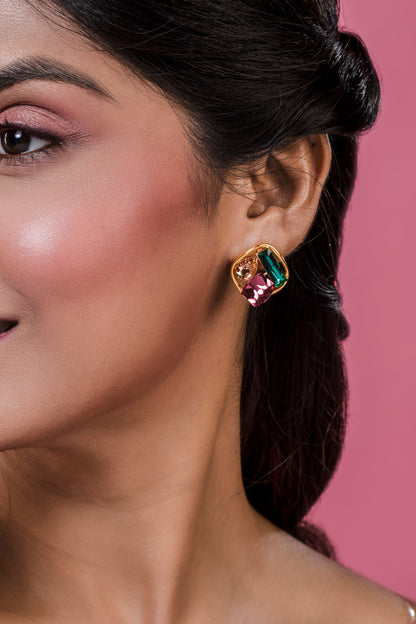 Multi Colour Crystal Square Studs
