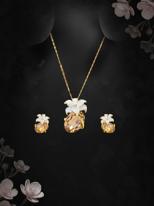 Champagne Crystal Wrapped In White Flower Pendent Set