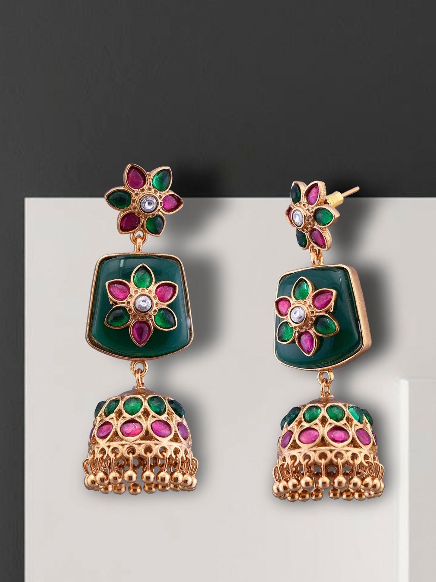 Green Kundan with Ruby Jhumka