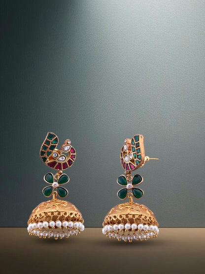 Polki And Gold Carving Jhumka With Uncut Studded stones