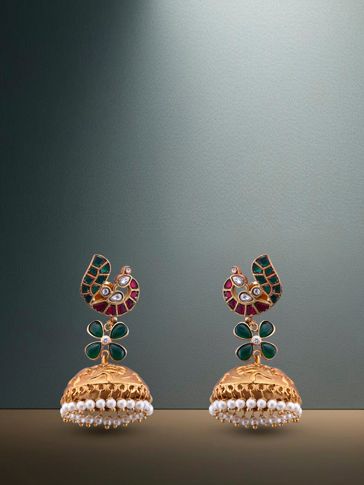 Polki And Gold Carving Jhumka With Uncut Studded stones