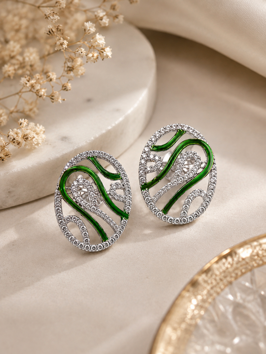 Krrystafee 18K Gold Plated Zircon Earings With Green Meena Work