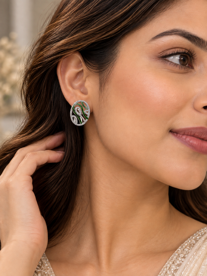 Krrystafee 18K Gold Plated CZ Earings With Green Meena Work