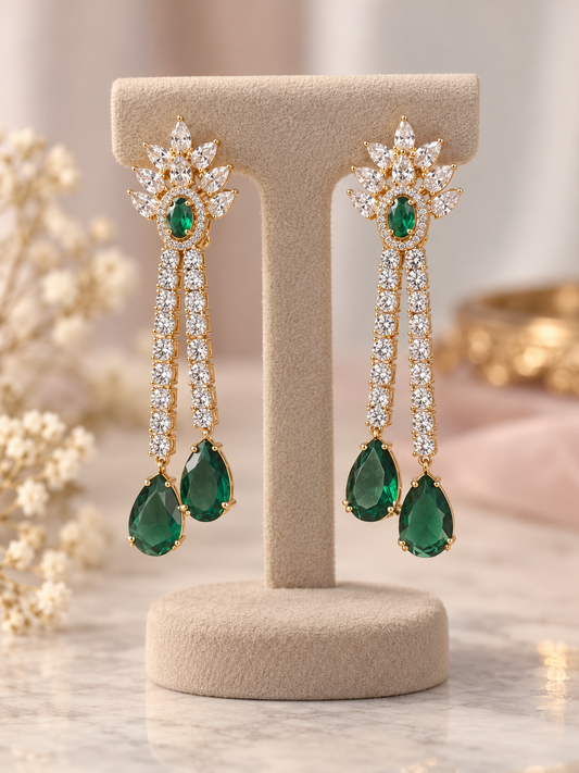 Krrystafee 18K Gold Plated Zircon Emerald Dangler Earrings