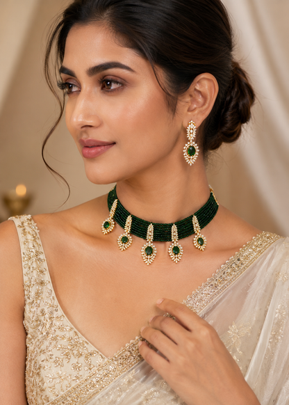 Krrystafee 18K Gold Plated Emerald Green CZ Diamond Necklace Set for Women | Bridal Wedding