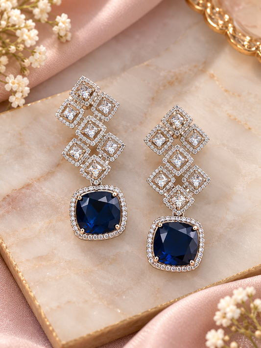 Krrystafee 18K Gold Plated CZ Sapphire Studded Shower Earings In White Finish for Women | Daily Wear