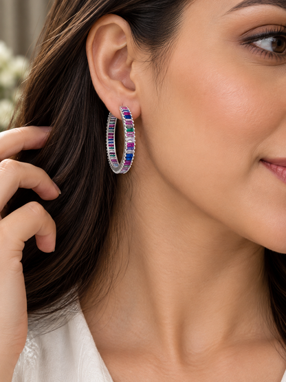Krrystafee 18K Gold Plated Multicolour Hoops In Rhodium Finish