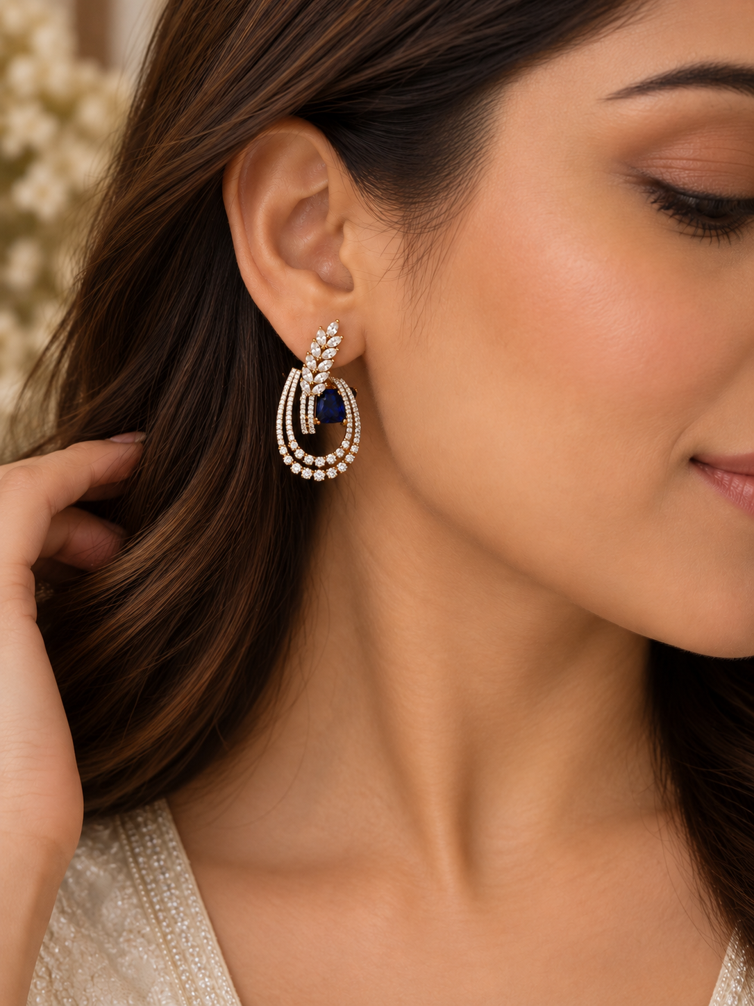 Krrystafee 18K Gold Plated Sapphire Zircon Studded Earings