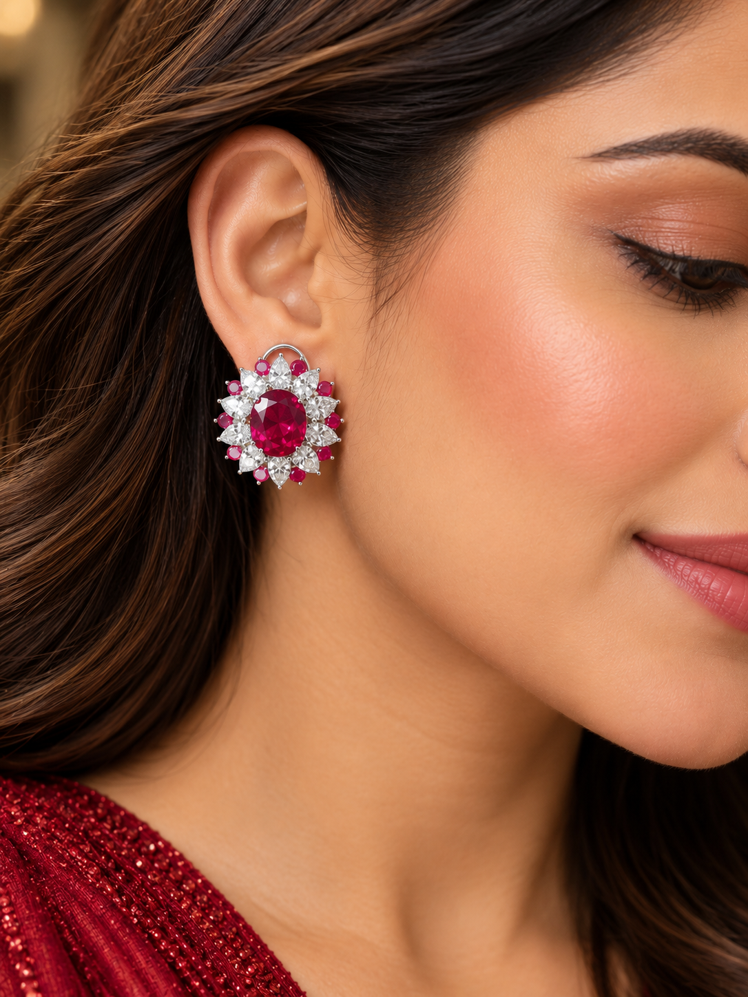Krrystafee 18K Plated Ruby Cocktail Night Zircon Earings