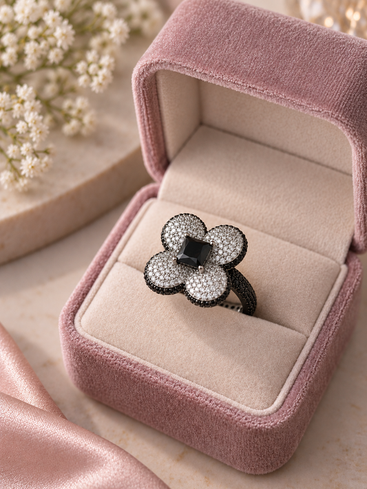 Krrystafee 18K Gold Plated  Adjustable Black Zircon Ring
