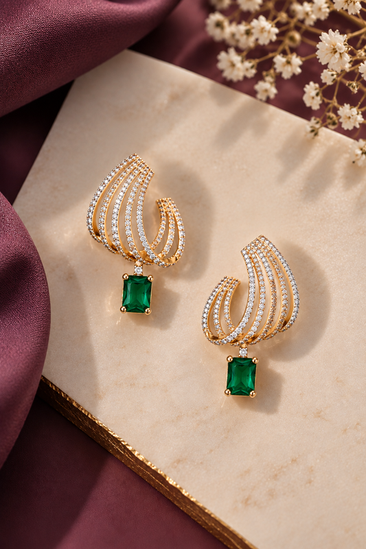 Krrystafee 18K Gold Plated Emerald CZ Hoop Dangler Earrings for Women | Evening Party Wear